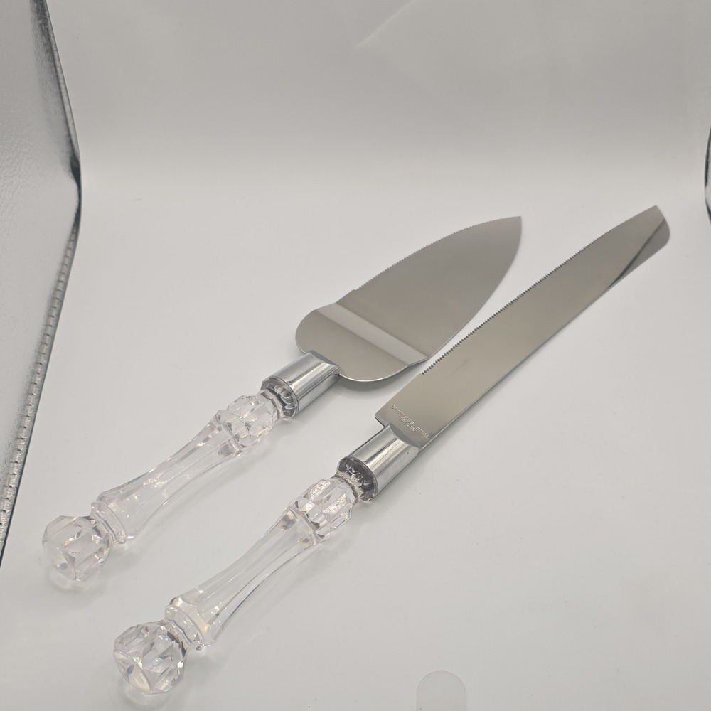 Stainless Steel Cake Knife & Server Set, Clear Plastic Handles, Two-Piece
